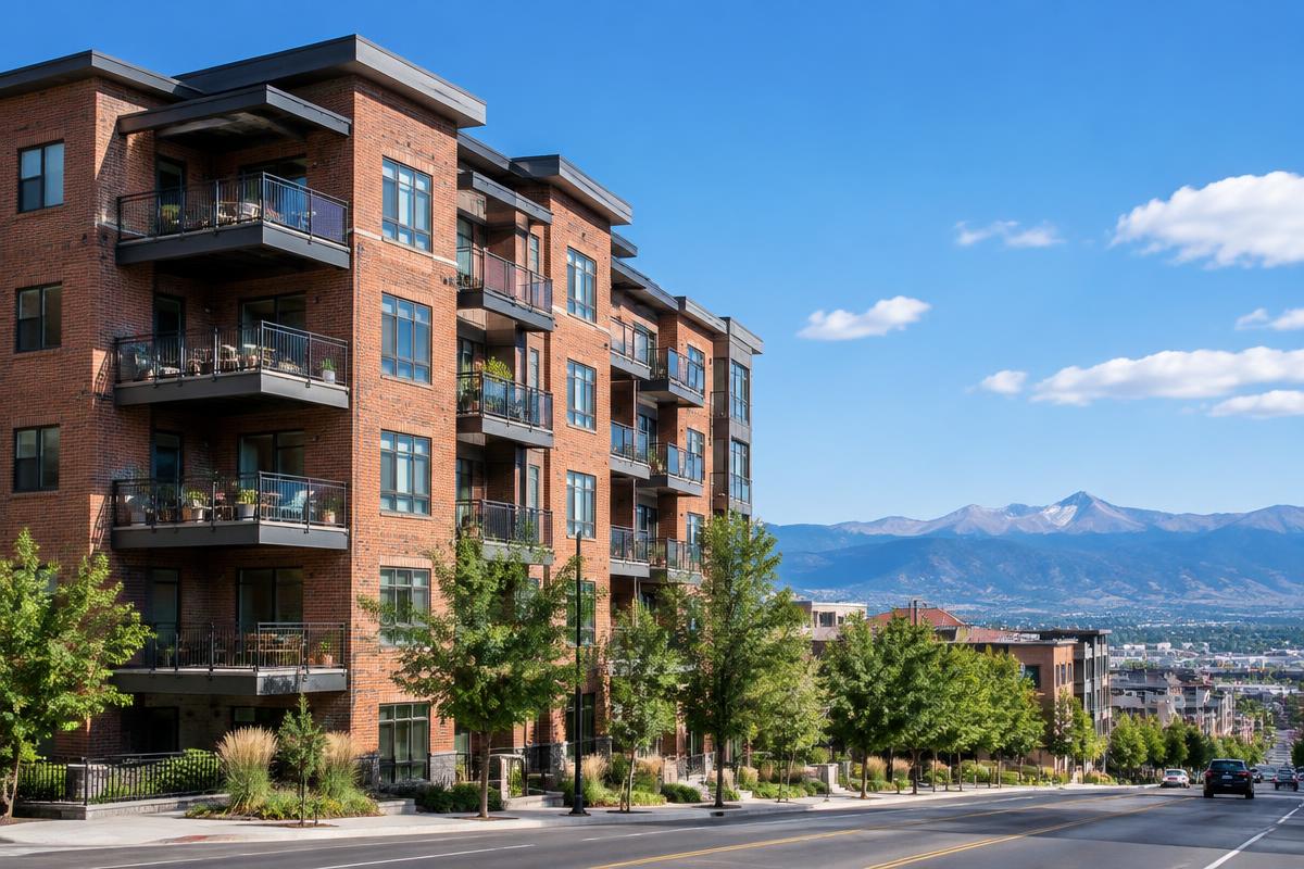 Brick condominium building with balconies on a Denver street