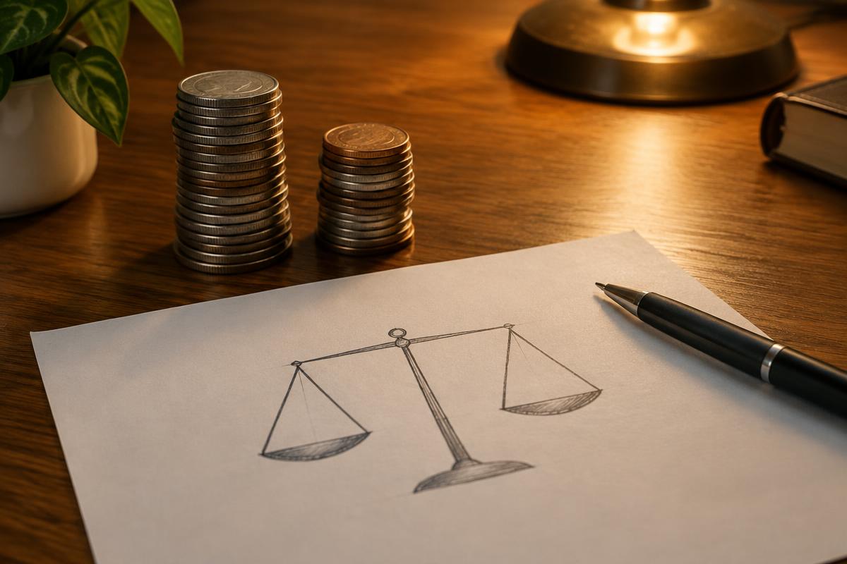 Coin stacks and a balance scale sketch comparing upfront and monthly costs