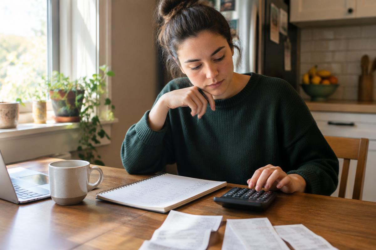 Buyer running the numbers with a calculator and notebook at her kitchen table