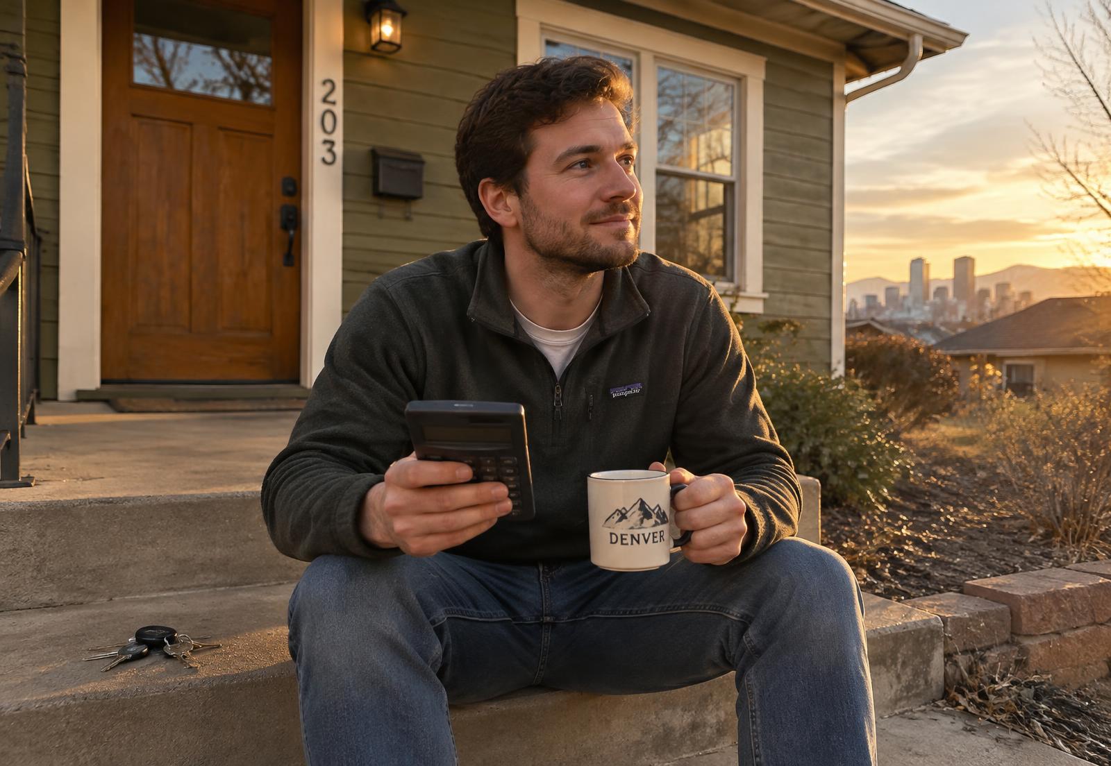 Buyer running payment numbers on his front steps at golden hour, house keys beside him