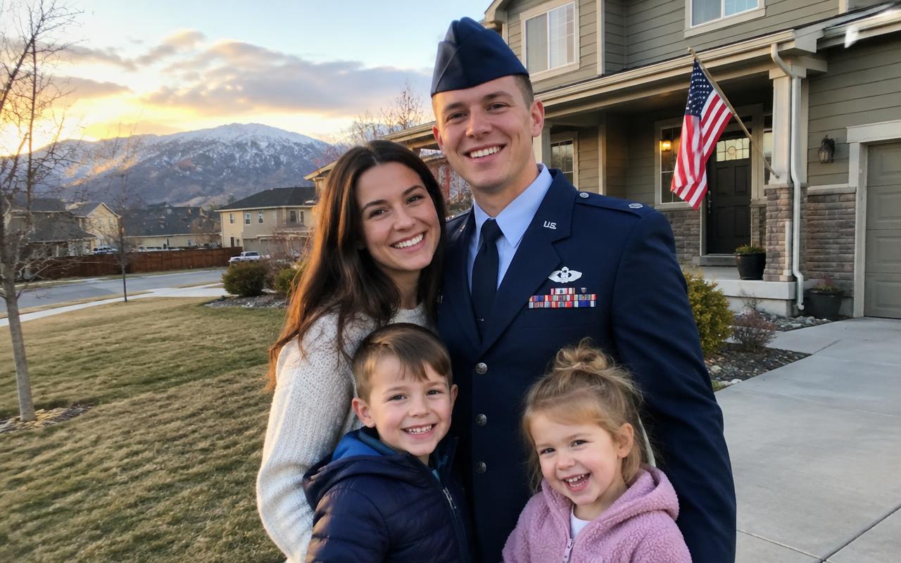 Air Force member in uniform smiling with their family in front of their new Colorado home