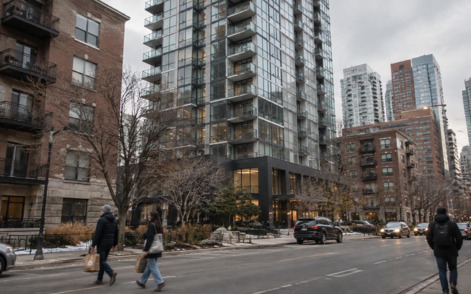 A downtown Denver condo block on a cloudy afternoon, brick and glass facades with pedestrians crossing in front