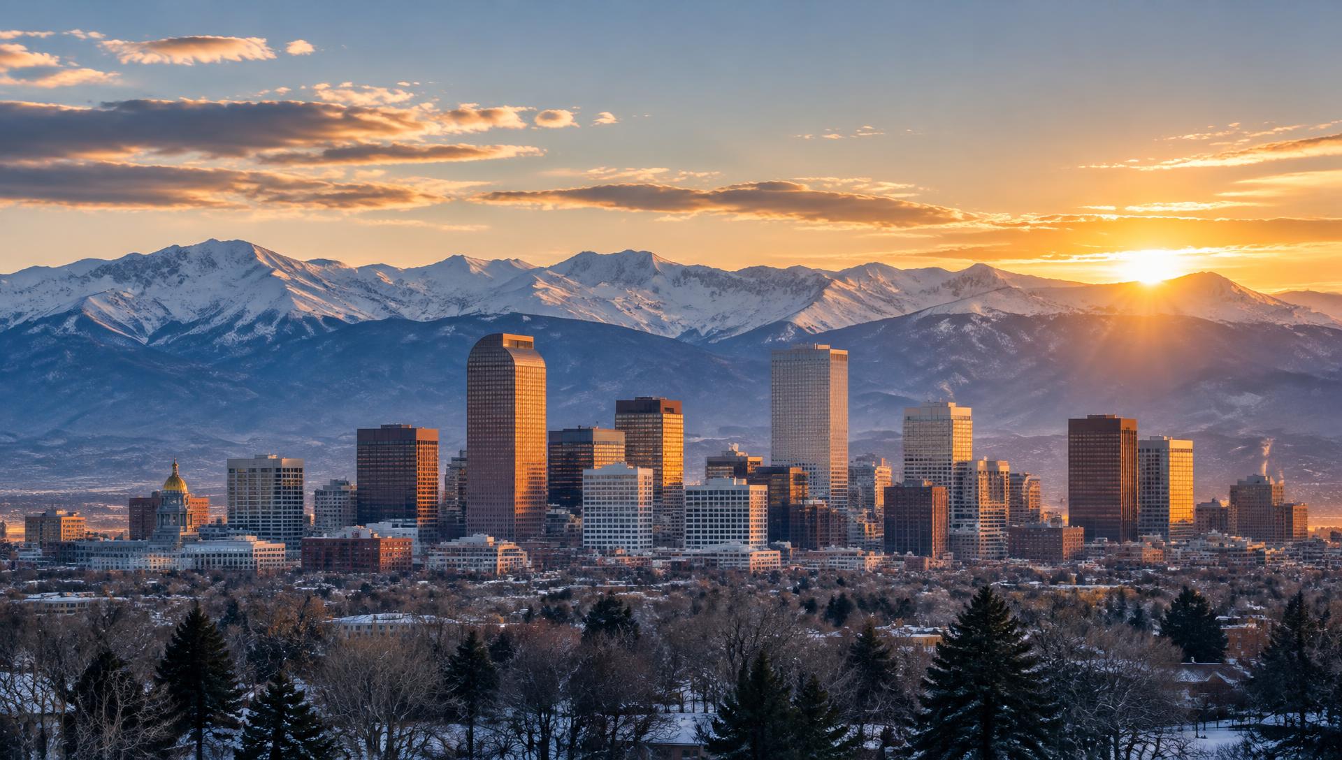 Downtown Denver at sunrise with the snow covered Front Range behind it