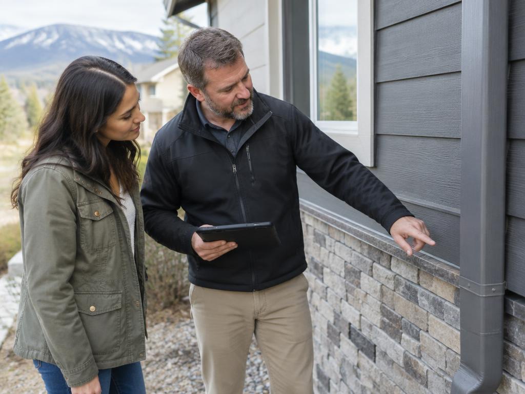A home inspector explaining an exterior detail to a Colorado buyer