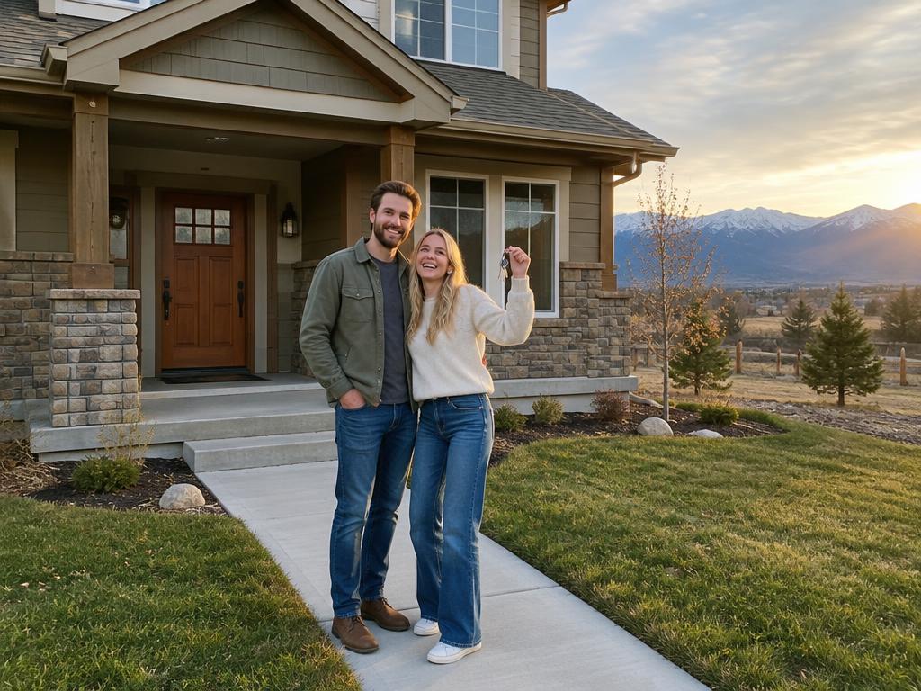 Happy Colorado homeowners holding keys outside their new home