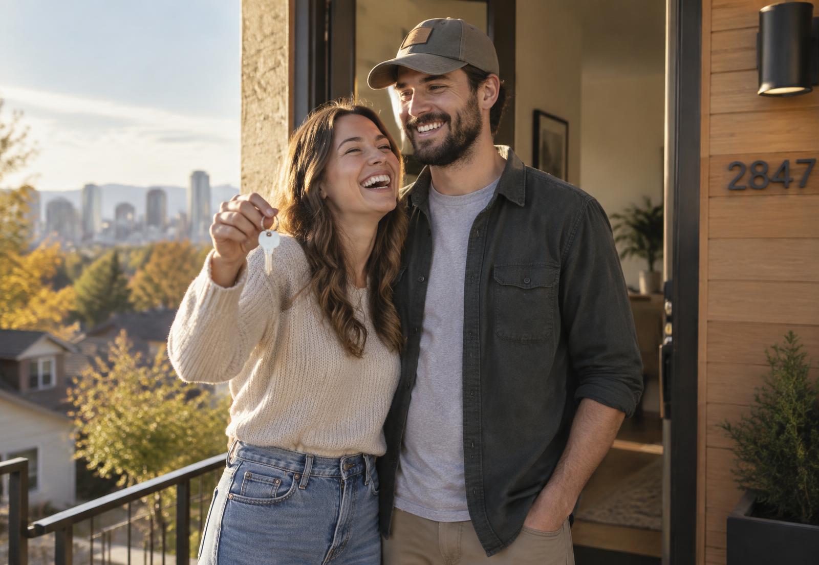 Couple holding the keys to their first home