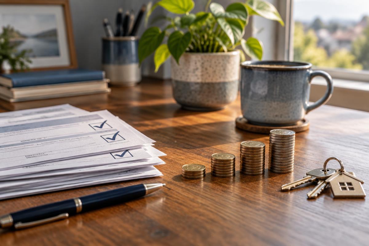 Desk with paid off bills, growing stacks of coins and a house keyring, showing debt paid down and credit rebuilt over time