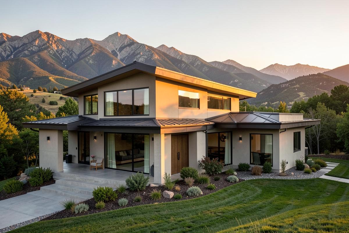 Modern Colorado foothills home at golden hour with mountains behind