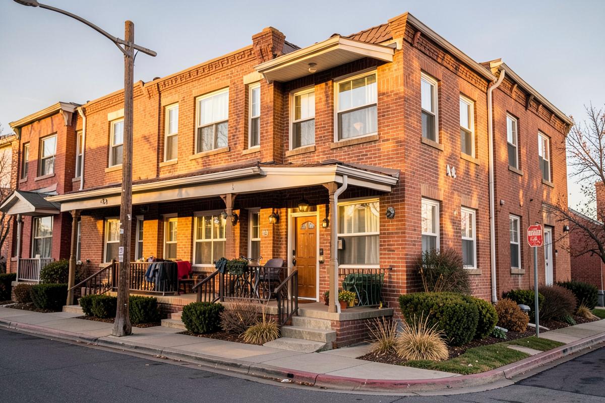 Brick duplex rental property on a Denver corner in evening light