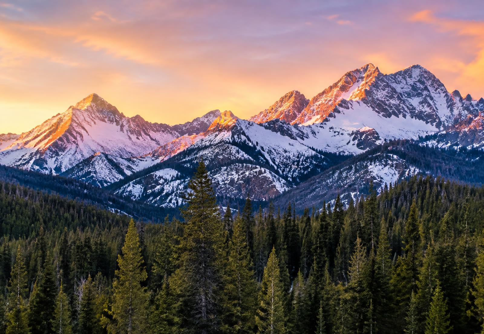 Snow-dusted Rocky Mountain peaks glowing at sunrise above a pine forest