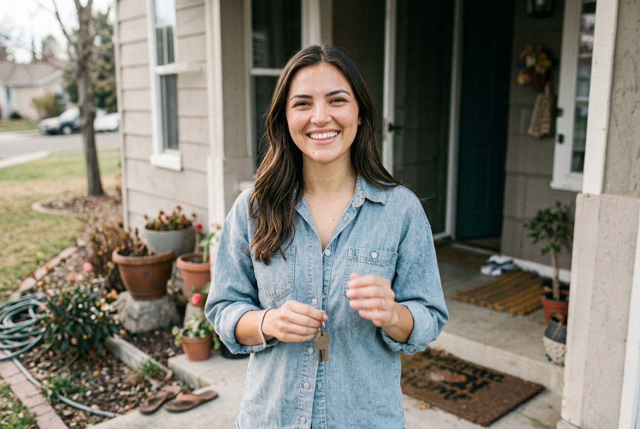 Young homeowner smiling on the porch of her first house, holding the keys