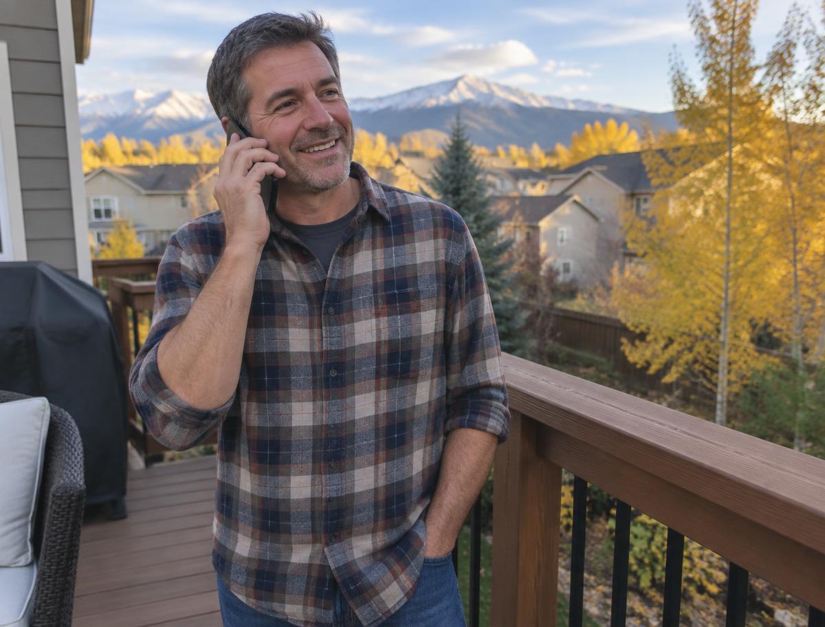 Homeowner smiling during a phone call on his back deck