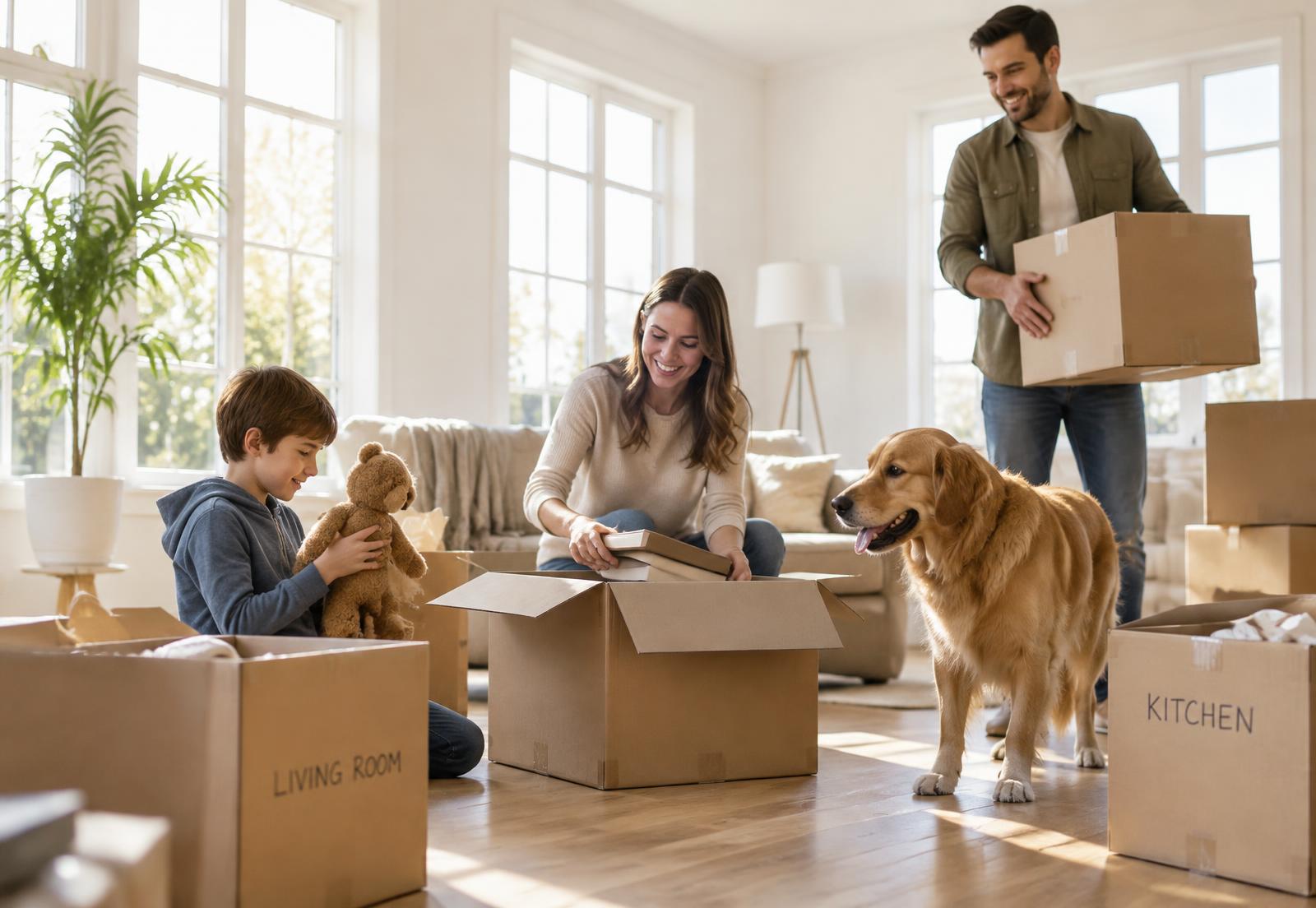 New homeowners unpacking boxes in a bright room