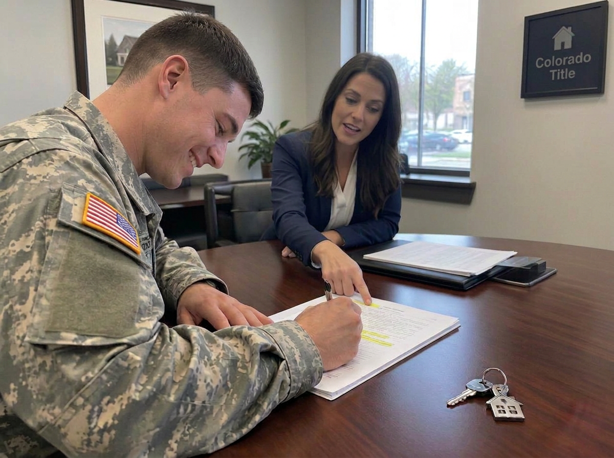 Soldier in Army camo fatigues signing closing documents while a neutral title closer points to the next signature line, house keys on the table at Colorado Title