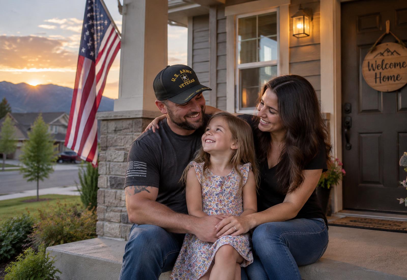 Veteran and family in front of their new home